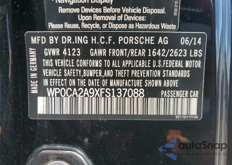 2015 Porsche 911 Carrera из США, поврежденный, VIN WP0CA2A9XFS137088